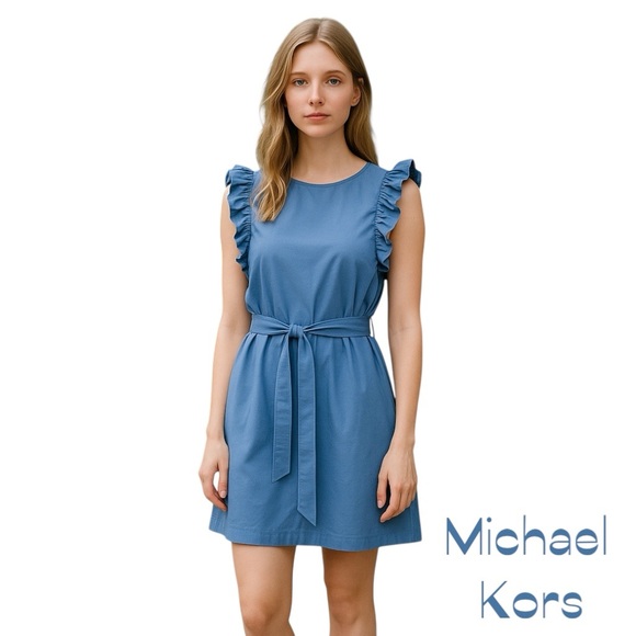 Michael Kors Azure‎ Blue Ruffled Dress With Fabric Belt NWOT Size XS - Picture 1 of 11